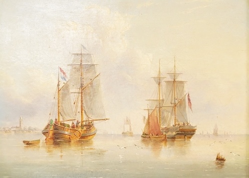Victorian School, Naval frigates at sea, oil on canvas, gilt framed, 20 x 26cm
